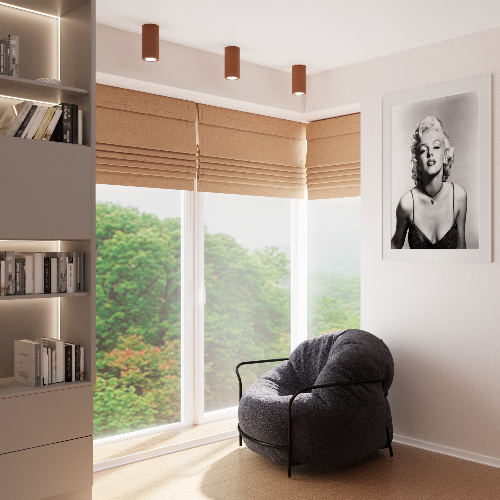 Jasne wnętrze pokoju z dużym oknem, beżowymi roletami rzymskimi, szarą pufą typu worek na metalowym stelażu, regałem z książkami z podświetleniem LED oraz czarno-białym portretem Marilyn Monroe...