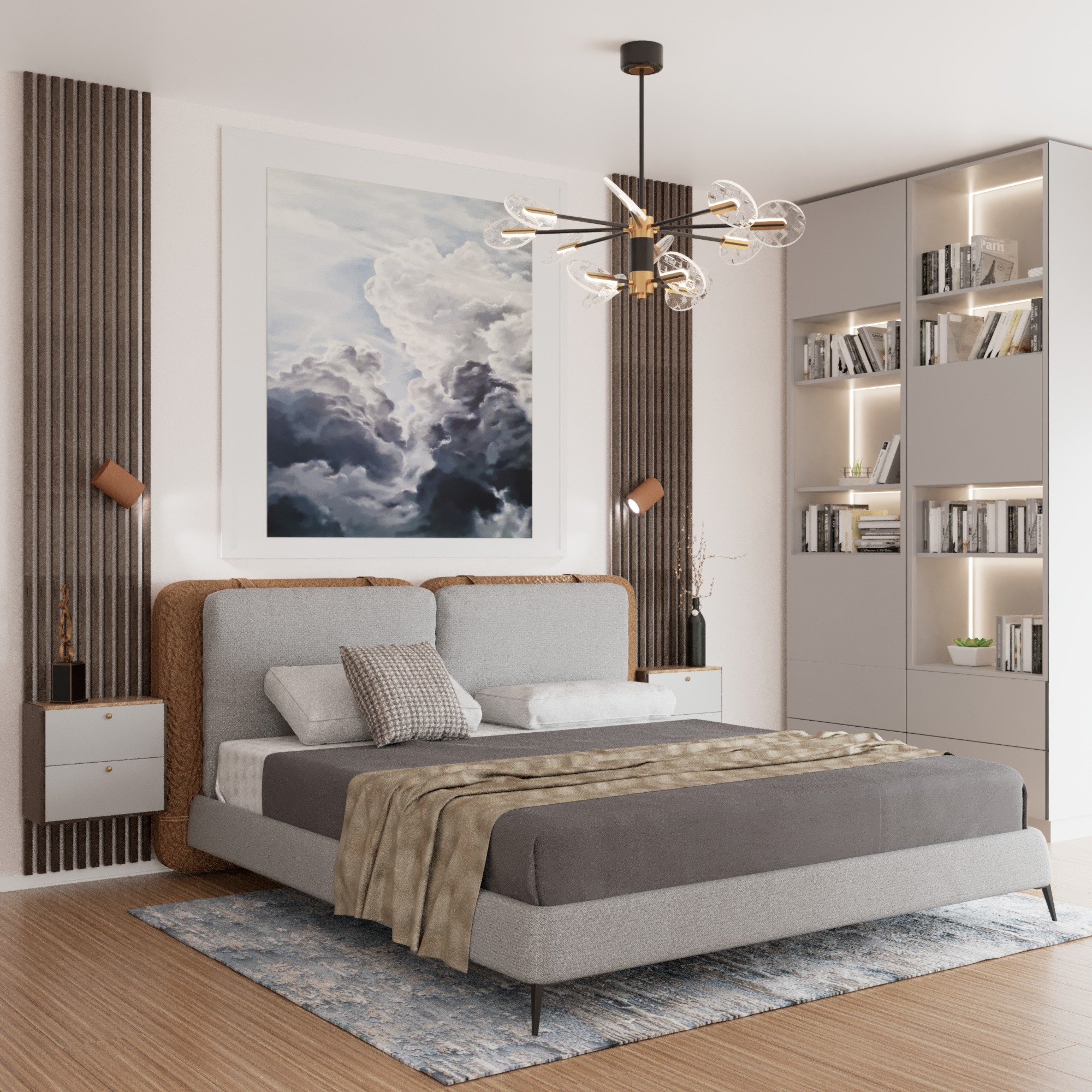 Sypialnia w odcieniach szarości z łóżkiem kontynentalnym, lampką nocną i regałem z podświetleniem LED, ozdobiona obrazem z motywem chmur i nowoczesnym żyrandolem.