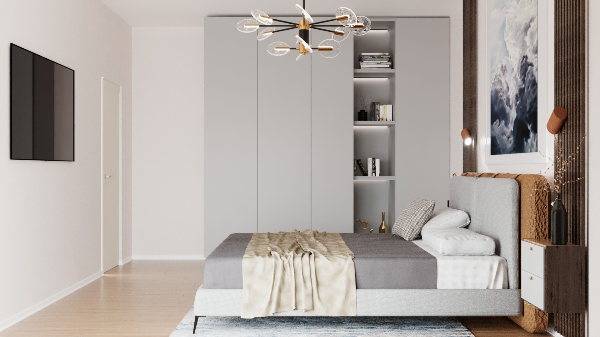 Nowoczesna sypialnia w jasnych szarościach z łóżkiem kontynentalnym, wiszącą lampą z okrągłymi kloszami i zabudową meblową z półkami na książki.