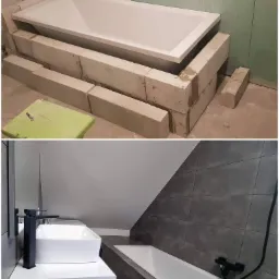 Dwa ujęcia: górne przedstawia białą wannę w trakcie obudowy z bloczków betonowych na tle surowej ściany, dolne ukazuje umywalkę nablatową z czarną armaturą oraz zabudowaną wannę w łazience...