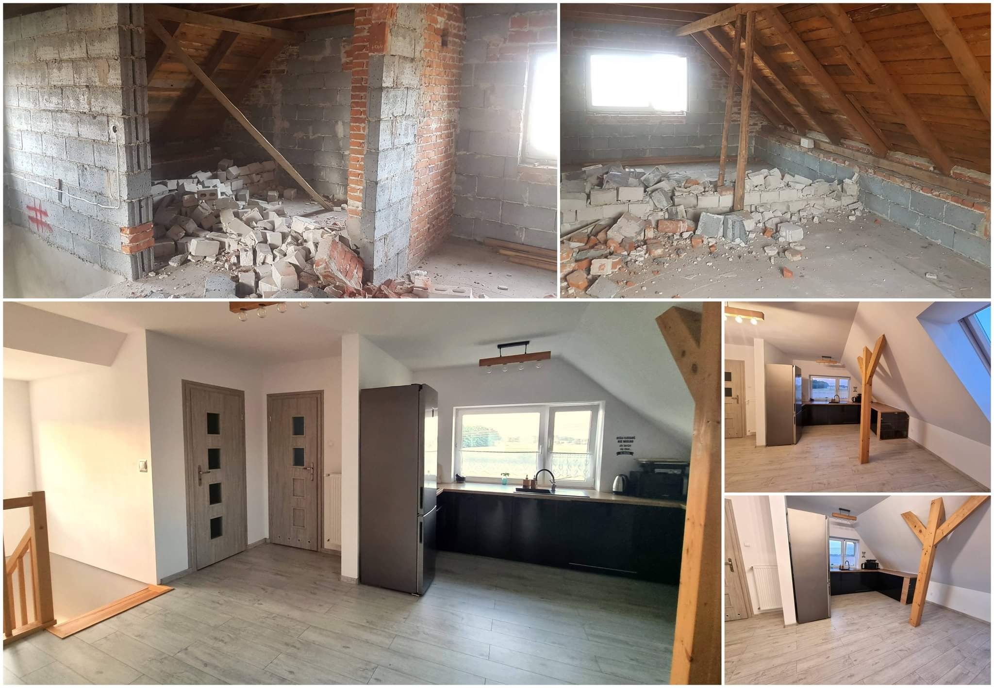 Montaż zdjęć przedstawia adaptację poddasza: pierwsze ujęcie pokazuje surową konstrukcję z gruzem, drugie - wykończoną kuchnię z czarnymi szafkami i drewnianym blatem, widoczną lodówką i oknem...