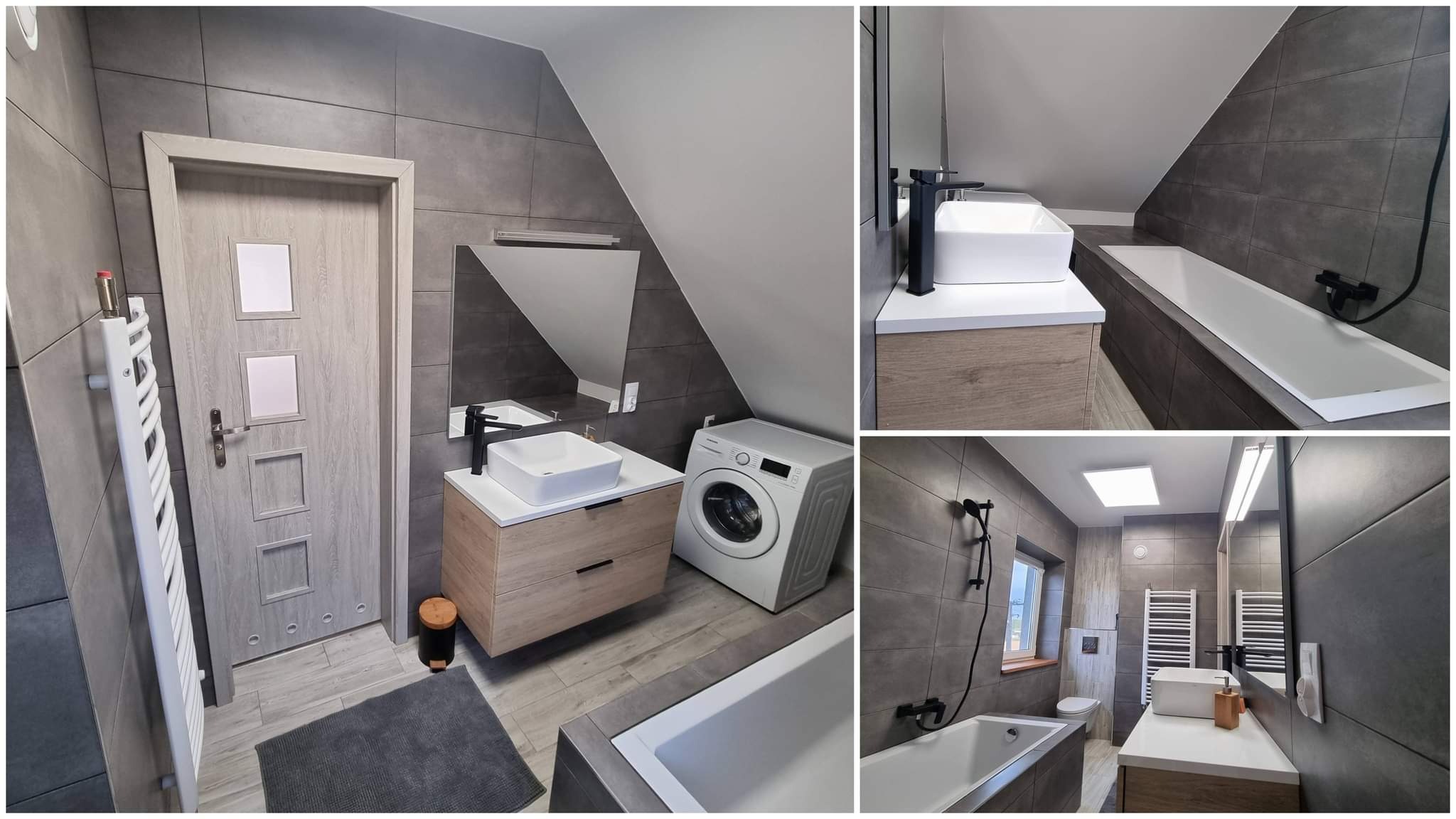 Nowoczesna łazienka na poddaszu ze skośnym sufitem, szare płytki, biała armatura, umywalka nablatowa, czarna bateria, grzejnik drabinkowy i pralka.