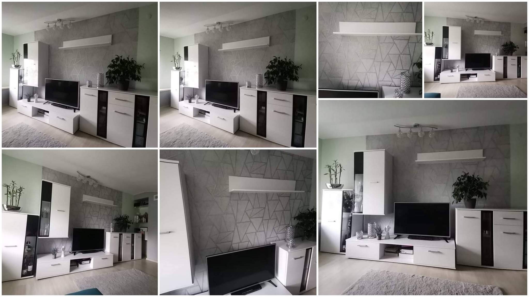 Nowoczesny salon z biało-czarnymi meblami, szarą ścianą w geometryczne wzory i miękkim dywanem, oświetlony światłem dziennym