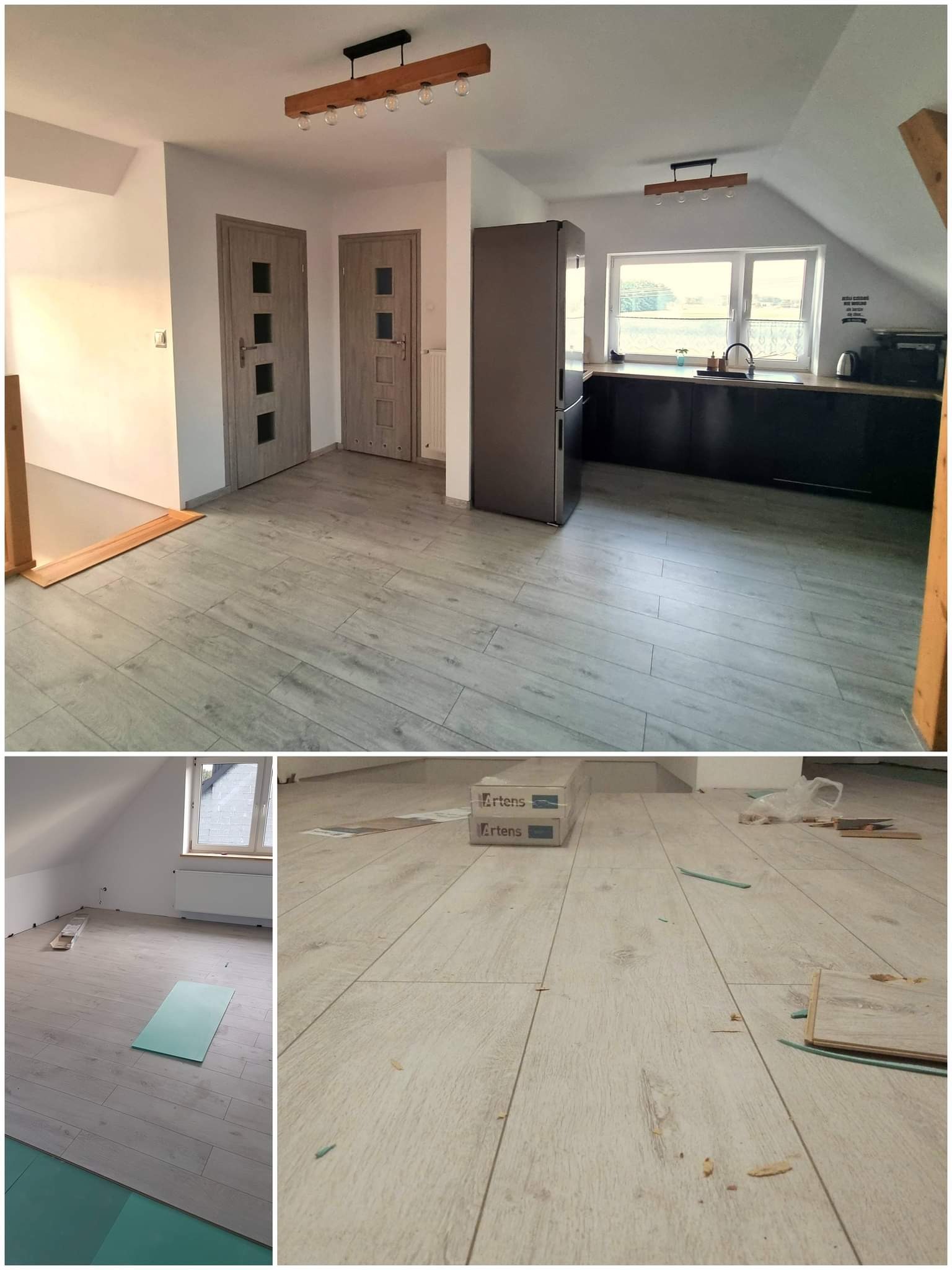 Poddasze po remoncie z nową podłogą imitującą drewno, widoczna kuchnia z czarnymi szafkami, dwie szare drzwi wewnętrzne i lampa z drewnianą belką. Na dolnym zdjęciu fragment układania paneli...
