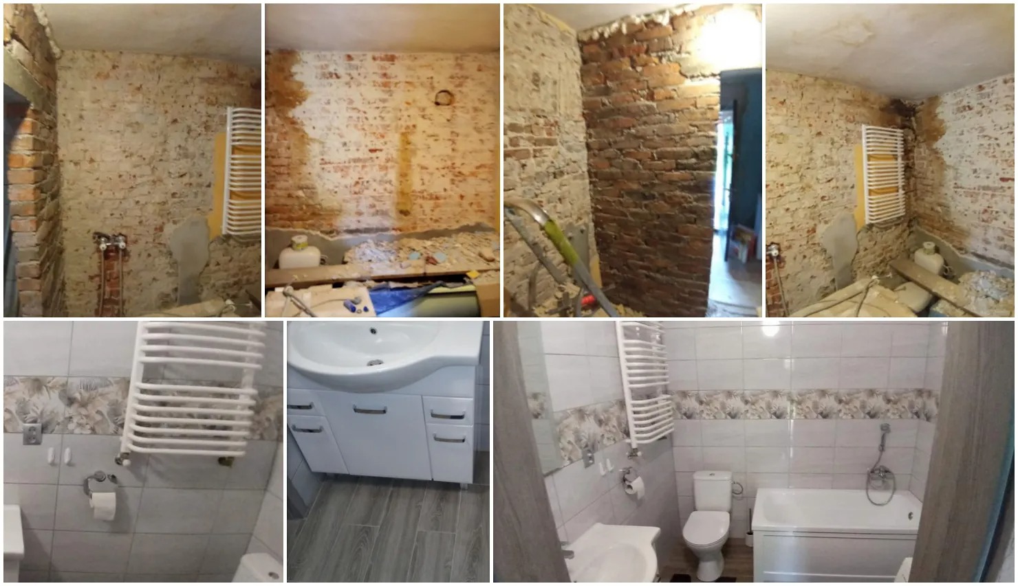 Etapy remontu łazienki: od surowej cegły i instalacji, przez przygotowanie ścian, aż po zamontowaną umywalkę z szafką, grzejnik drabinkowy i częściowo wykończone płytki.