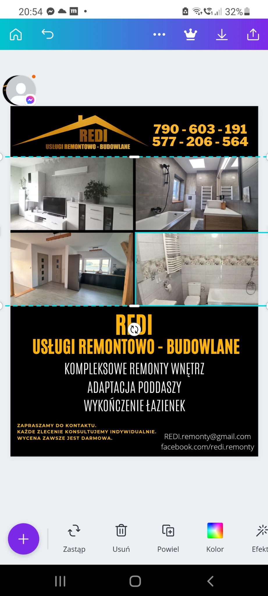 Kompozycja czterech zdjęć prezentujących wnętrza po remoncie: salon z meblami RTV, łazienka z wanną i prysznicem, pokój na poddaszu z aneksem kuchennym oraz łazienka w trakcie remontu z widocznymi...