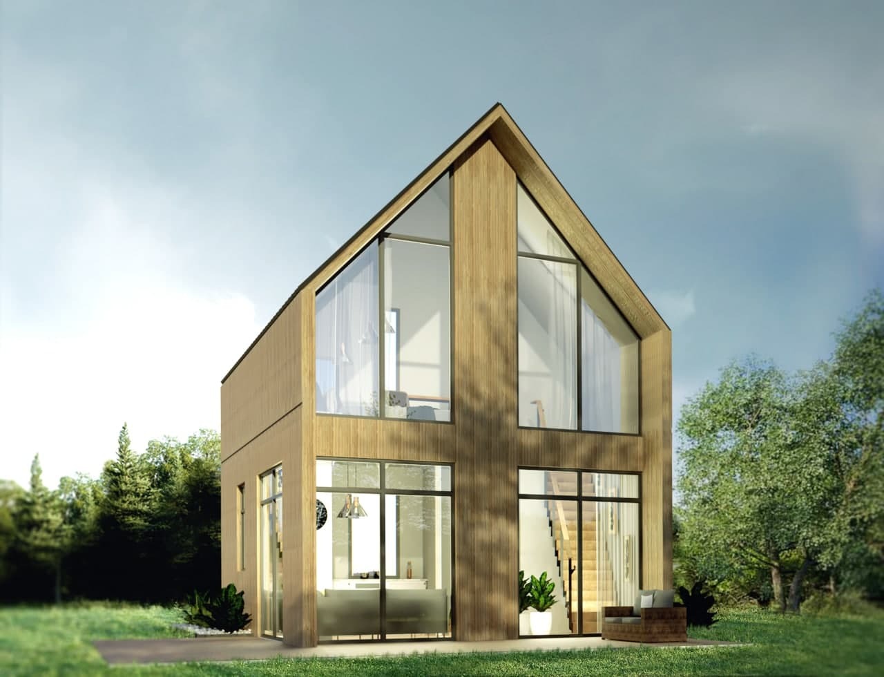 Wizualizacja nowoczesnego domu z drewnianą elewacją i dużymi przeszkleniami, widoczne schody wewnętrzne i otoczenie zieleni.