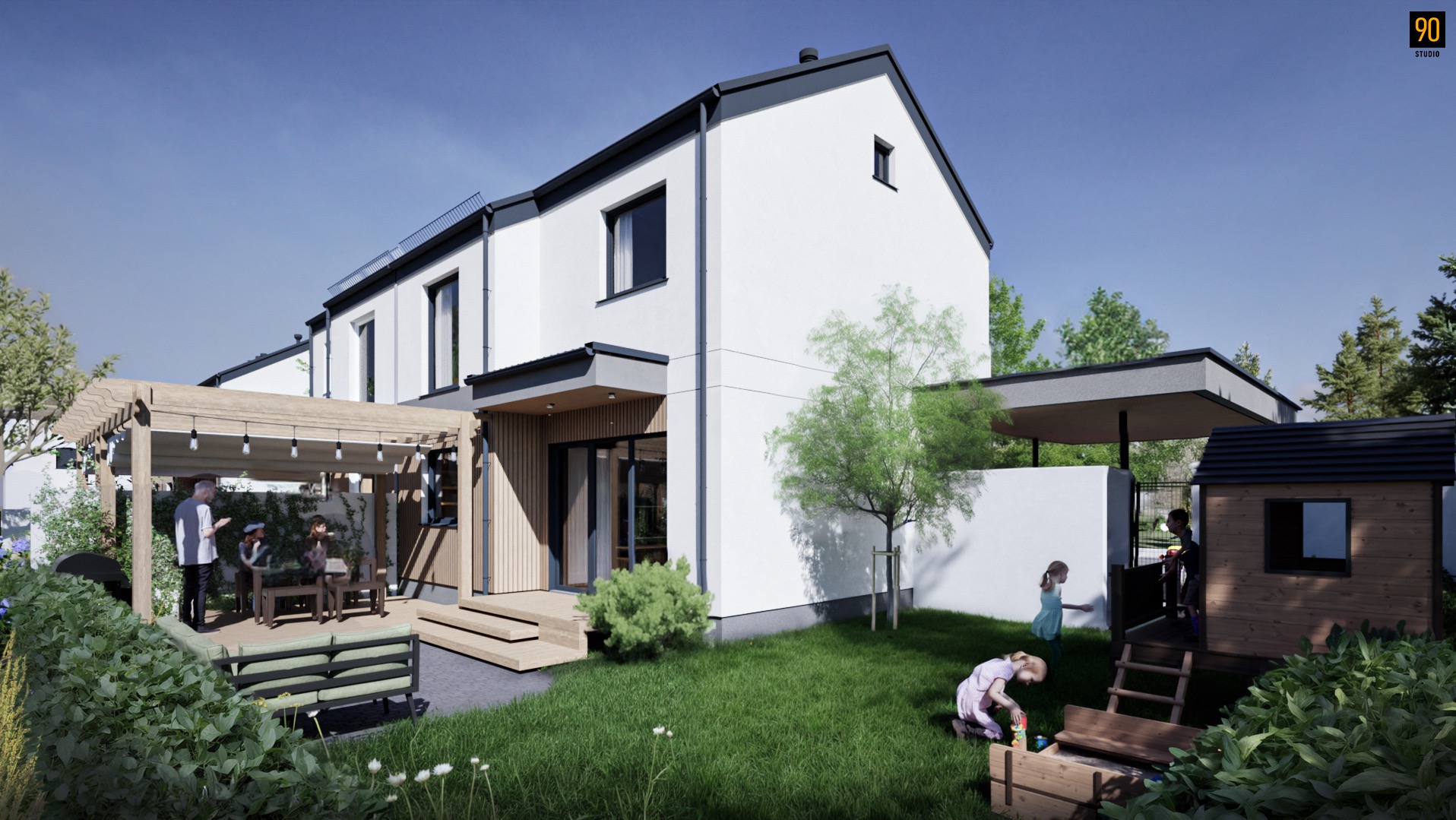Wizualizacja nowoczesnego domu z ogrodem, pergolą z oświetleniem, placem zabaw dla dzieci i drewnianą elewacją. Budynek w jasnej kolorystyce z ciemnymi akcentami.