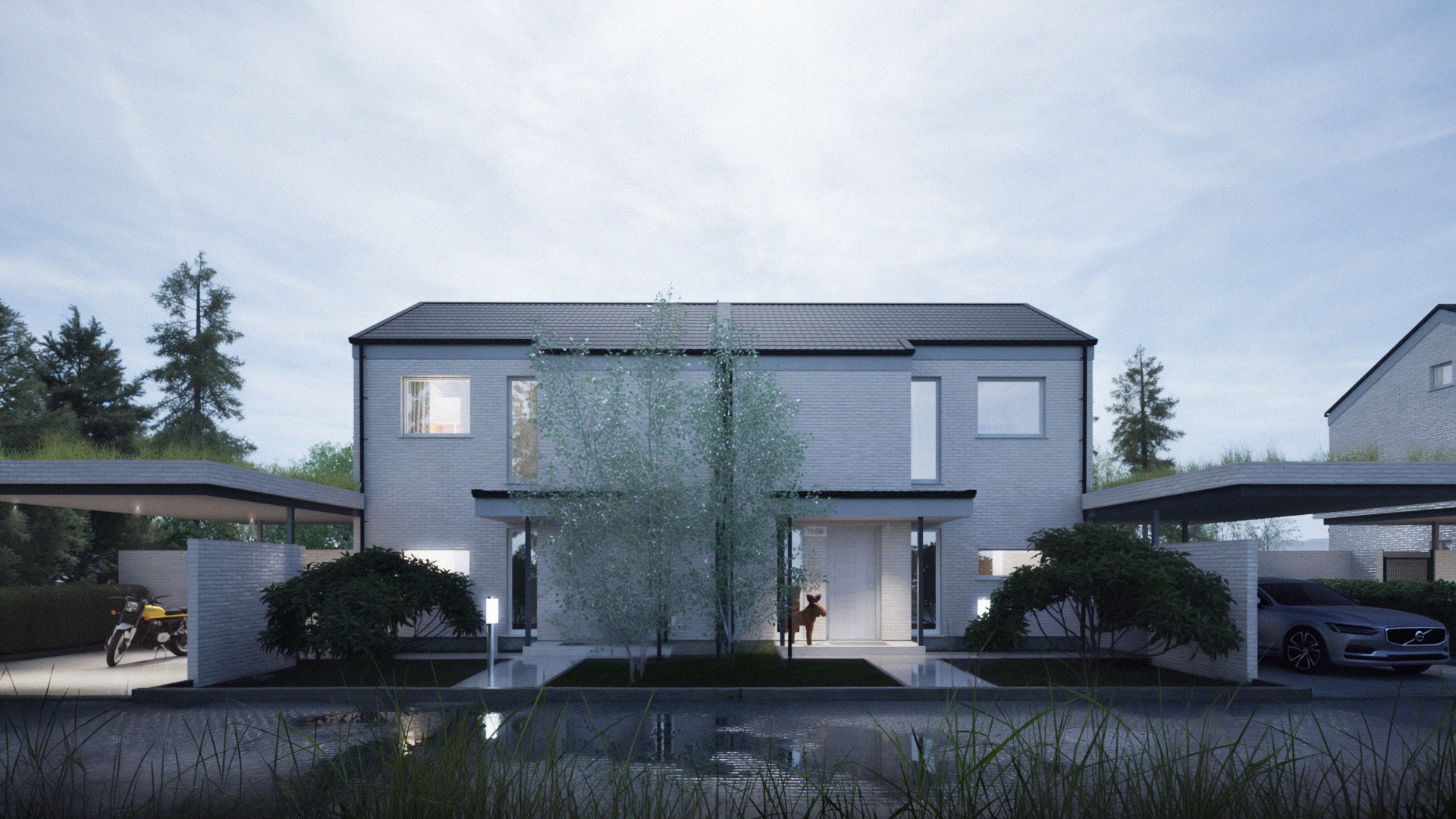 Wizualizacja bliźniaka z garażami z zielonymi dachami, minimalistyczna bryła, drzewo na osi wejścia, w tle motocykl i auto, nowoczesna architektura.
