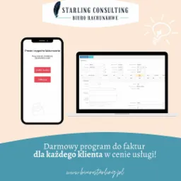 Ekran smartfona z aplikacją do wystawiania faktur obok laptopa z otwartym programem do fakturowania, na tle logo firmy z piórem i nazwą Starling Consulting.