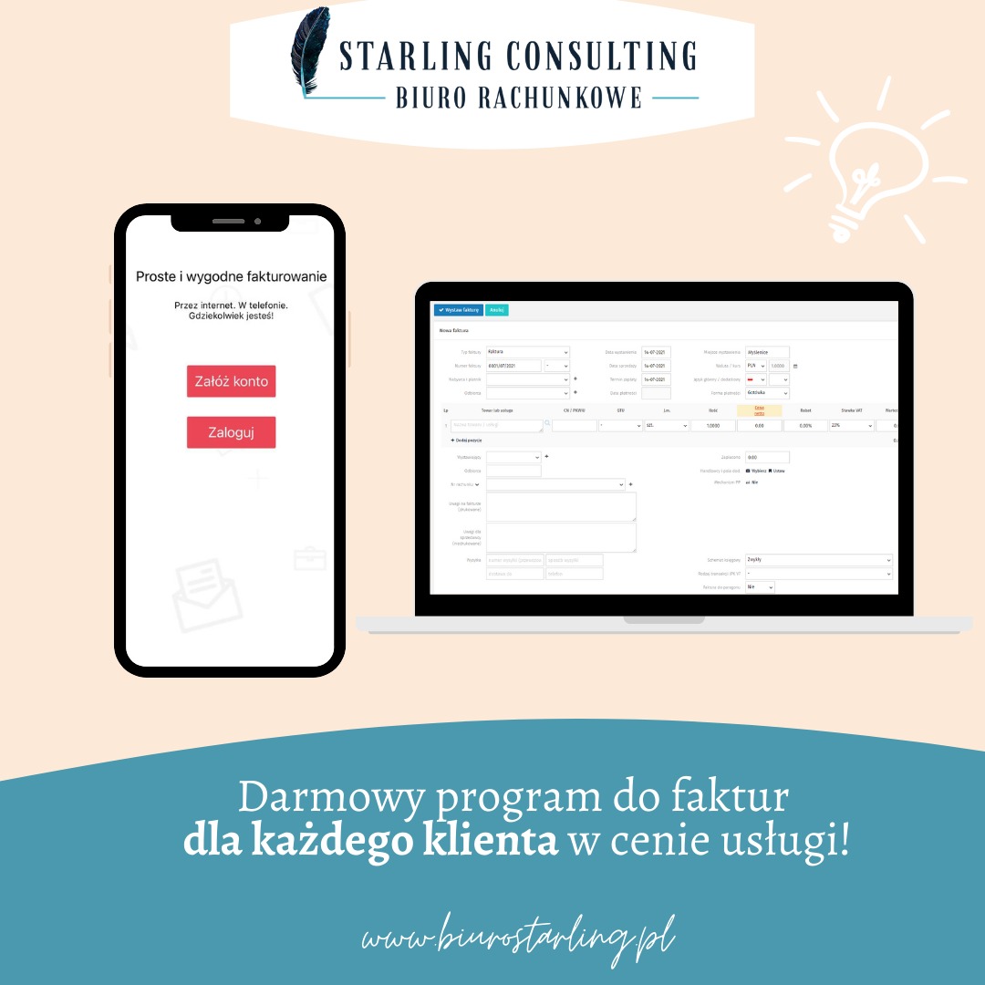 Ekran smartfona z aplikacją do wystawiania faktur obok laptopa z otwartym programem do fakturowania, na tle logo firmy z piórem i nazwą Starling Consulting.