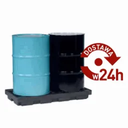 Dwie metalowe beczki, turkusowa i czarna, umieszczone na czarnej palecie ociekowej, z czerwonym napisem 'Dostawa w 24h'.