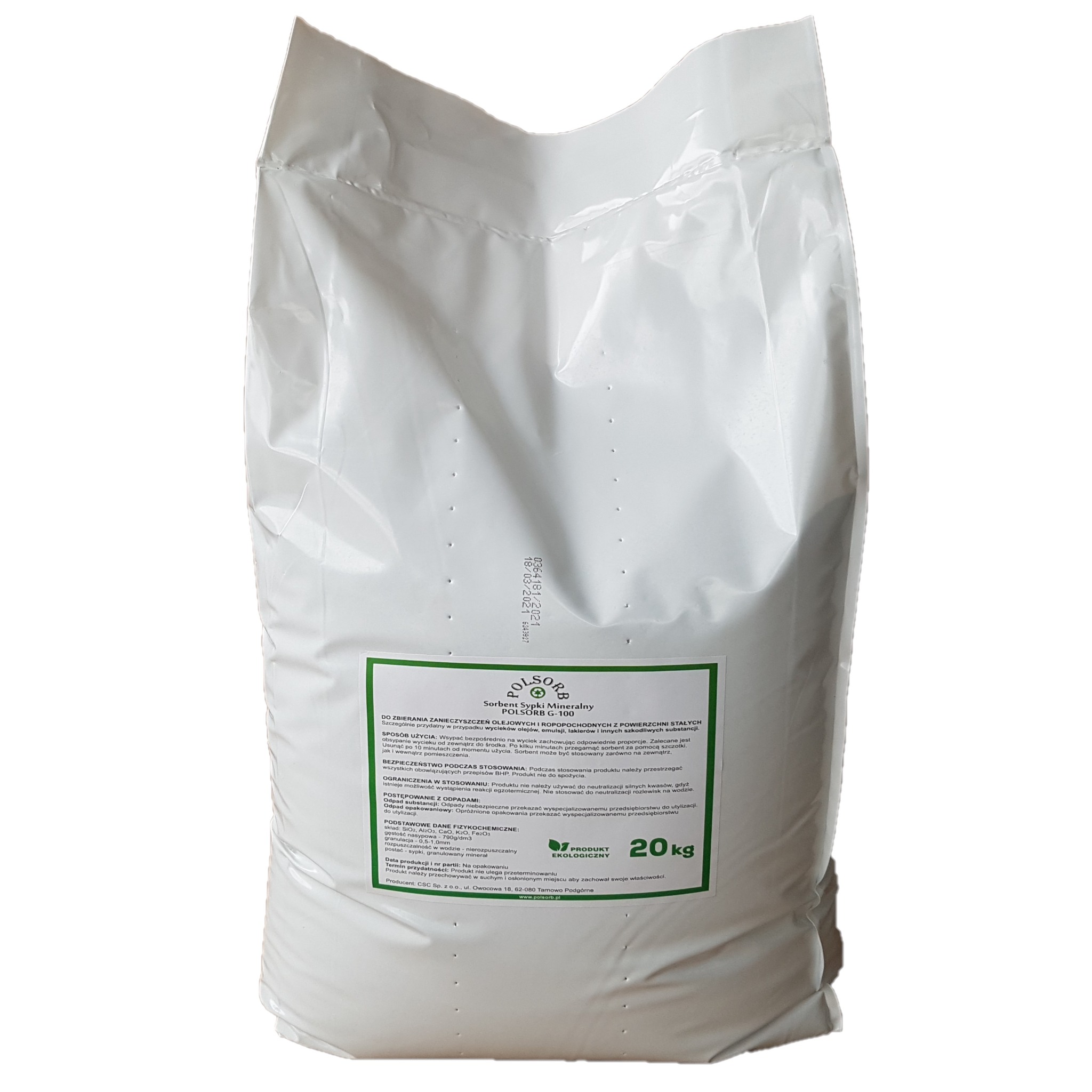 Worek 20 kg sorbentu sypkiego Polsorb G-100, przeznaczonego do usuwania wycieków olejowych i ropopochodnych, z widoczną etykietą informacyjną i datą produkcji.