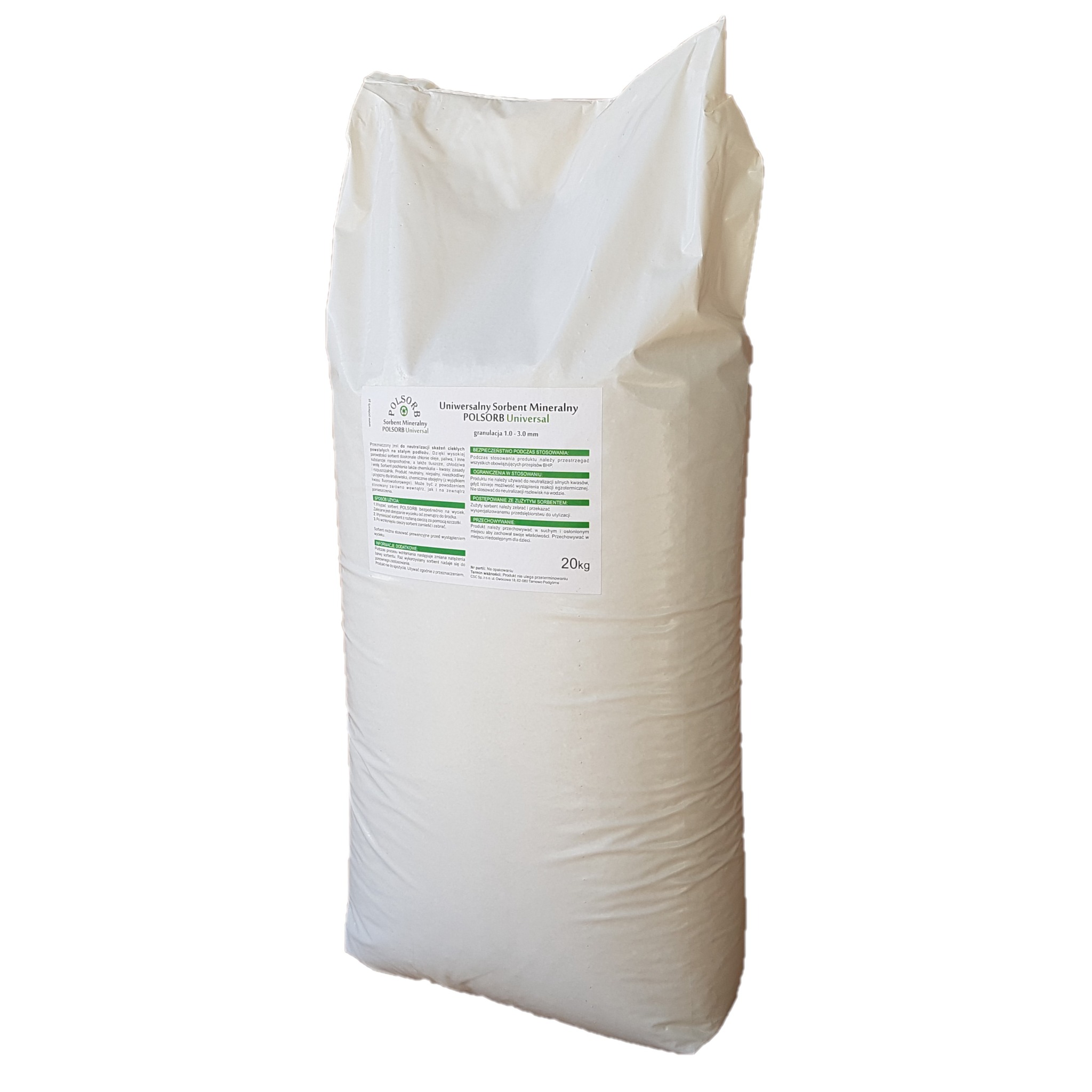Worek 20kg uniwersalnego sorbentu mineralnego POLSORB Universal o granulacji 1.0-3.0 mm, przeznaczonego do neutralizacji skażeń ciekłych, z widoczną etykietą informacyjną.