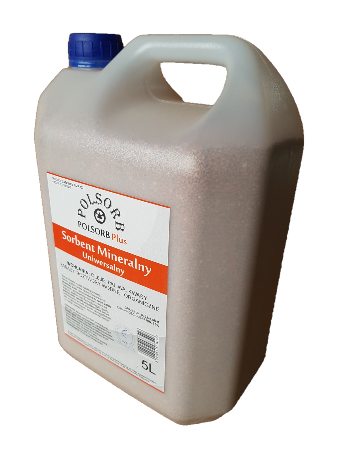 Pięciolitrowy pojemnik z sorbentem mineralnym uniwersalnym Polsorb Plus, przeznaczonym do wchłaniania olejów, paliw, kwasów, zasad i roztworów wodnych i organicznych, oferowany przez firmę z Bukowca.