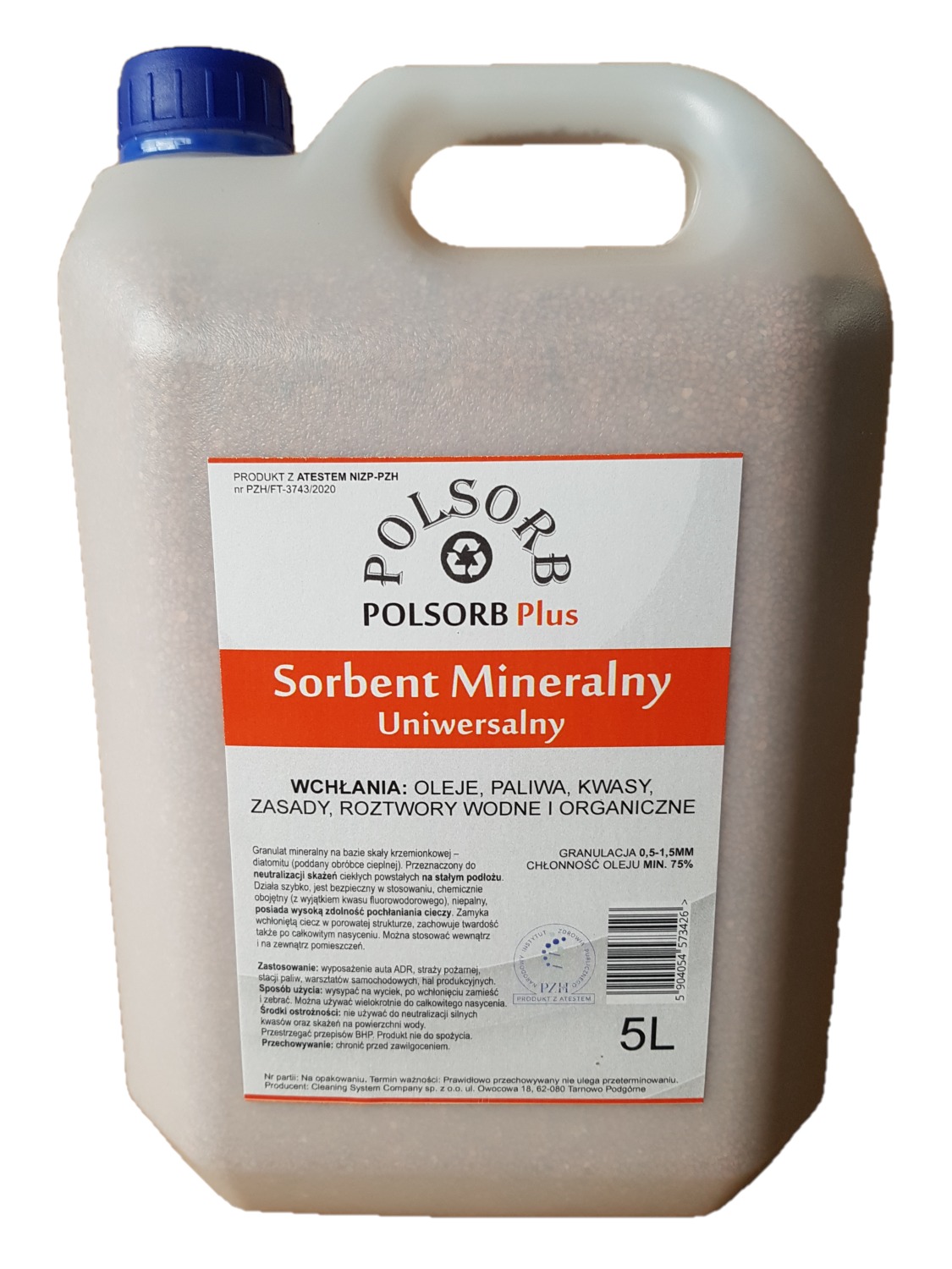 Pojemnik 5L z granulatem mineralnym Polsorb Plus, sorbent uniwersalny do pochłaniania olejów, paliw, kwasów i rozpuszczalników, produkt z atestem NIZP-PZH.