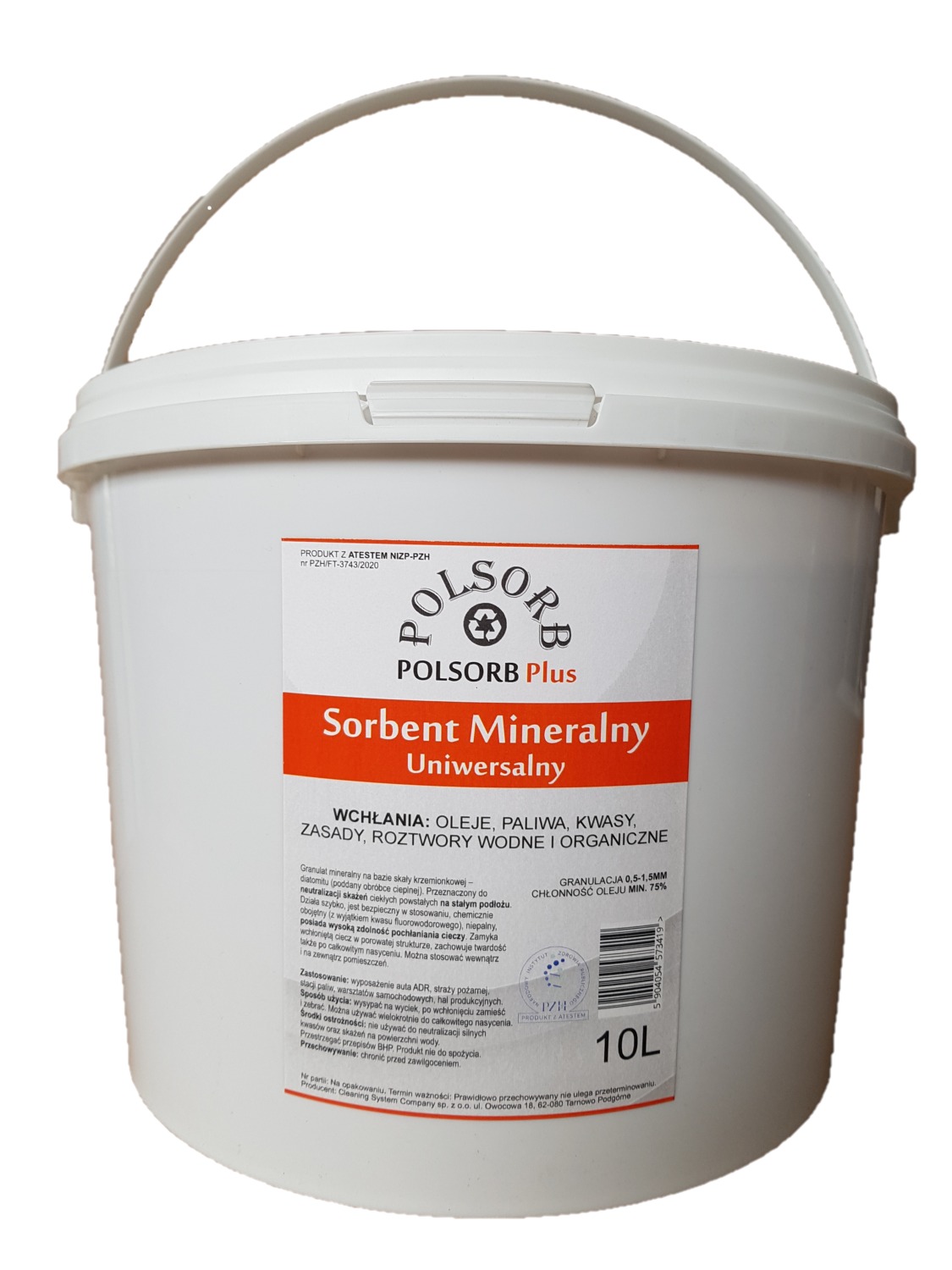 Białe wiadro z sorbentem mineralnym Polsorb Plus do neutralizacji wycieków olejów, paliw, kwasów i zasad, z widoczną etykietą informacyjną i uchwytem do przenoszenia.