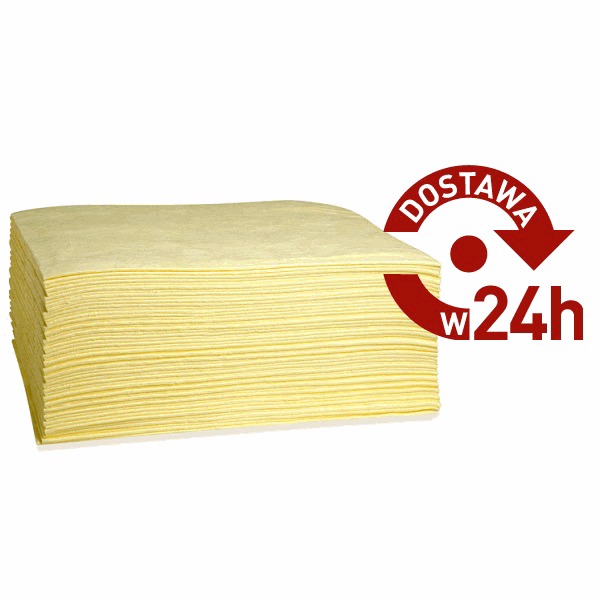 Stos żółtych sorbentów włókninowych w formie arkuszy, z czerwonym znakiem graficznym 'Dostawa w 24h' w prawym górnym rogu.