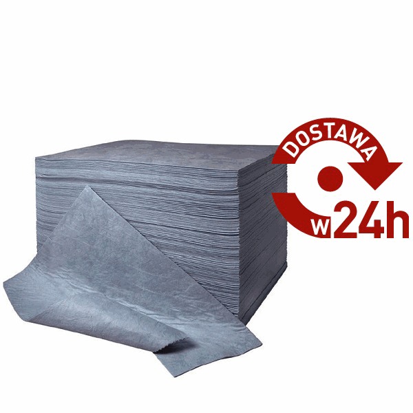 Stos szarych, chłonnych podkładów z włókniny, z naklejką informującą o dostawie w 24 godziny.