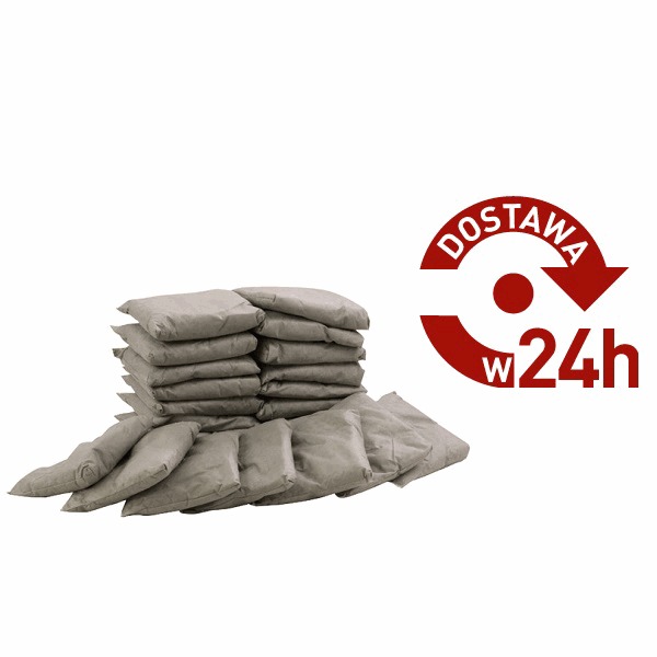 Stos szarych worków w opakowaniach foliowych, obok czerwone logo z napisem 'Dostawa w 24h'.