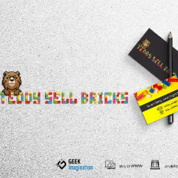 Dwie wizytówki z logo firmy Teddy Sell Bricks, jedna czarna, druga żółta, leżące na teksturowanym białym tle z logo firmy ułożonym z klocków.