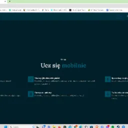Strona internetowa aplikacji edukacyjnej 'Ucz się mobilnie' firmy z Kamierowskich Pieców, prezentująca ikony z krótkimi opisami funkcji: osiąganie celów, nauka w dowolnym miejscu, sprawdzanie...