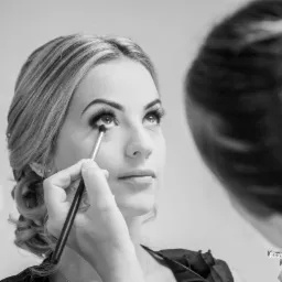 Czarno-białe zdjęcie kobiety z upiętymi włosami, aplikującej cień do powiek pędzelkiem, z odbiciem w lustrze