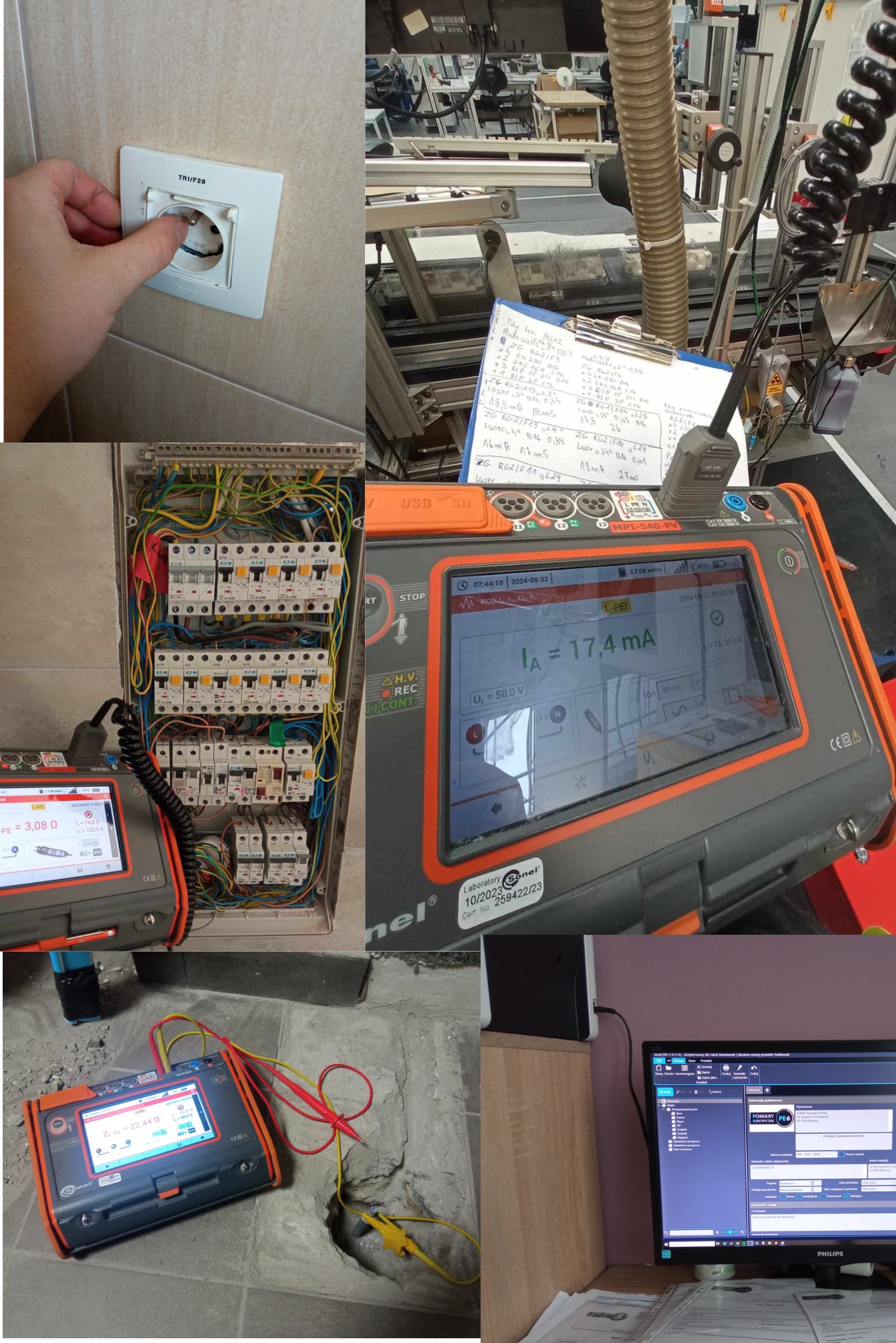 Elektryk używa miernika wielofunkcyjnego Sonel do pomiaru prądu upływu w gniazdku, widoczny otwarty rozdzielacz z zabezpieczeniami oraz wyniki pomiarów na ekranie komputera.