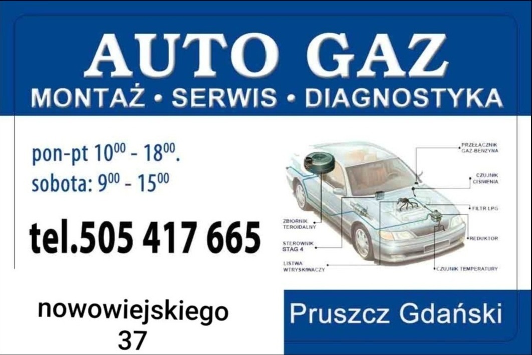 Reklama warsztatu samochodowego oferującego montaż, serwis i diagnostykę, z ilustracją schematu instalacji LPG w samochodzie, numerem telefonu i adresem w Pruszczu Gdańskim.
