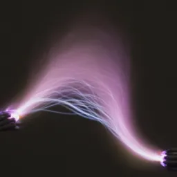 Zbliżenie dwóch przerwanych kabli elektrycznych z wyładowaniami atmosferycznymi w kolorze fioletowym na ciemnym tle.