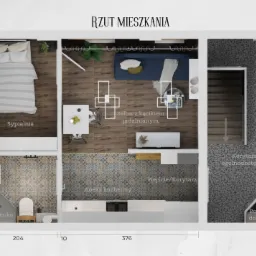 Rzut mieszkania z góry, ukazujący sypialnię z łóżkiem, salon z kącikiem jadalnianym, aneks kuchenny, łazienkę z toaletą i prysznicem, korytarz ogólnodostępny oraz pomieszczenie gospodarcze. Wymiary...