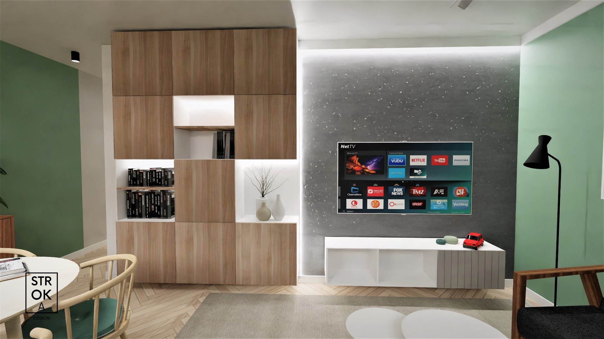 Wizualizacja salonu z drewnianą zabudową meblową, półkami z książkami, telewizorem na ścianie ze wzorem i minimalistyczną szafką RTV z dekoracjami.