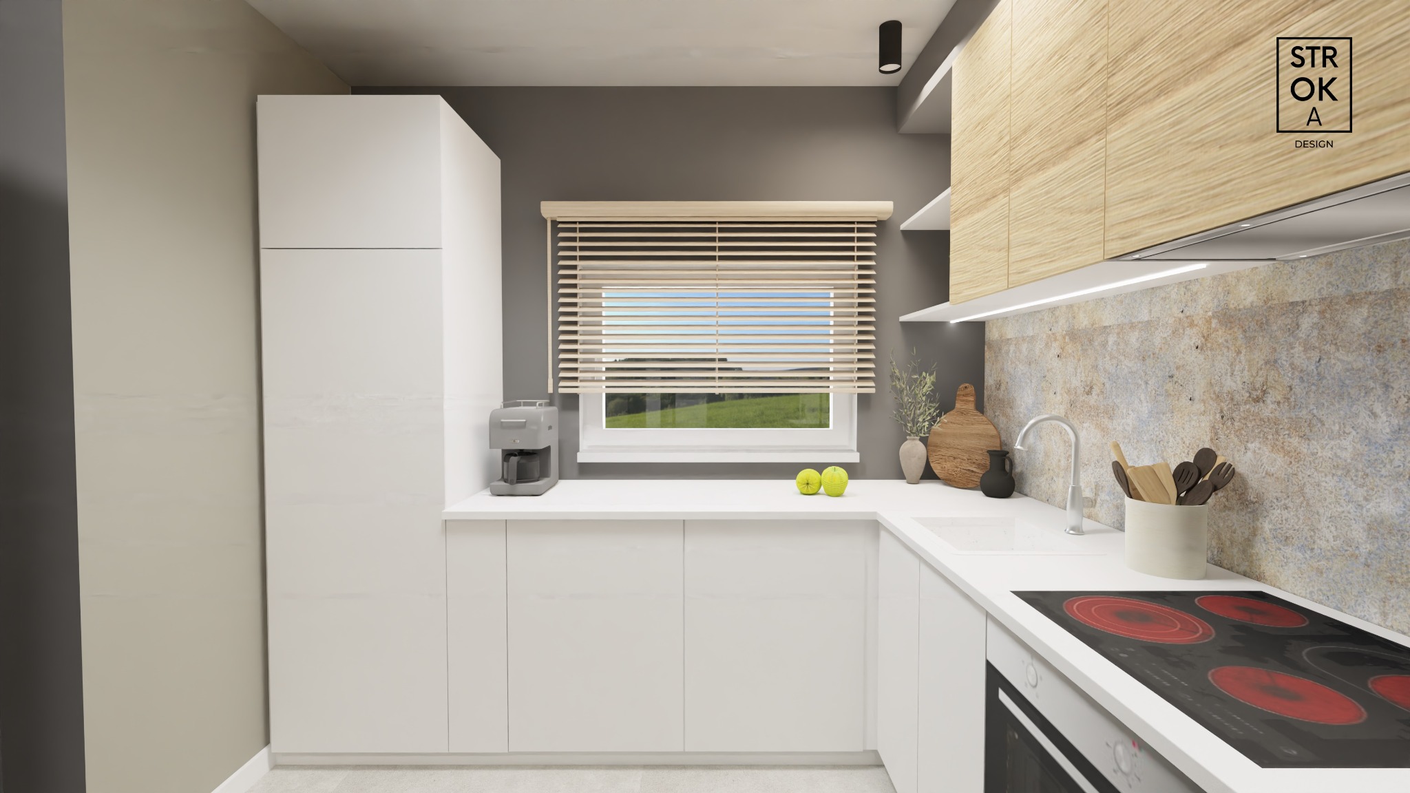 Wizualizacja nowoczesnej kuchni z białymi szafkami, drewnianymi akcentami i blatem, z widokiem na zewnątrz przez okno z żaluzjami.