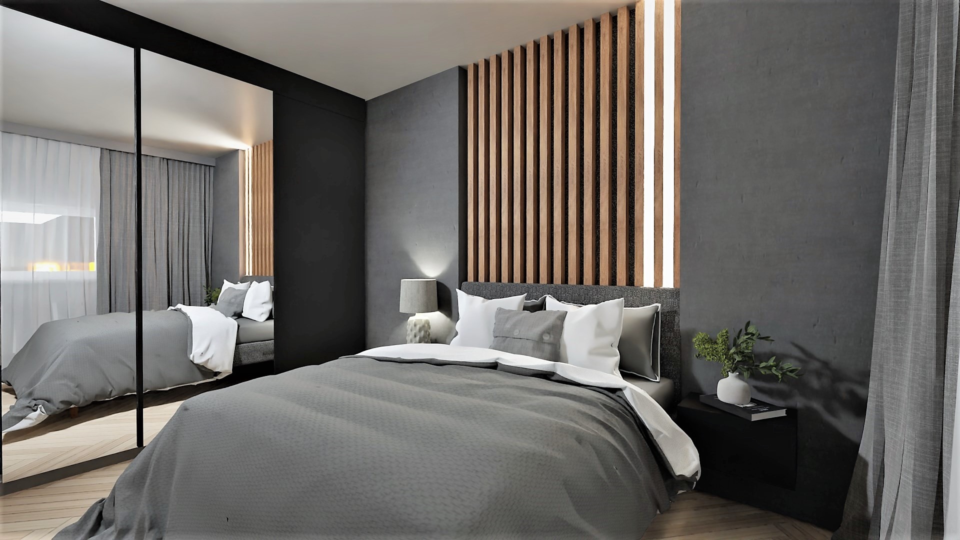Nowoczesna sypialnia z szarą pościelą, drewnianymi panelami za łóżkiem i lustrzaną szafą przesuwną, odbijającą wnętrze pokoju.