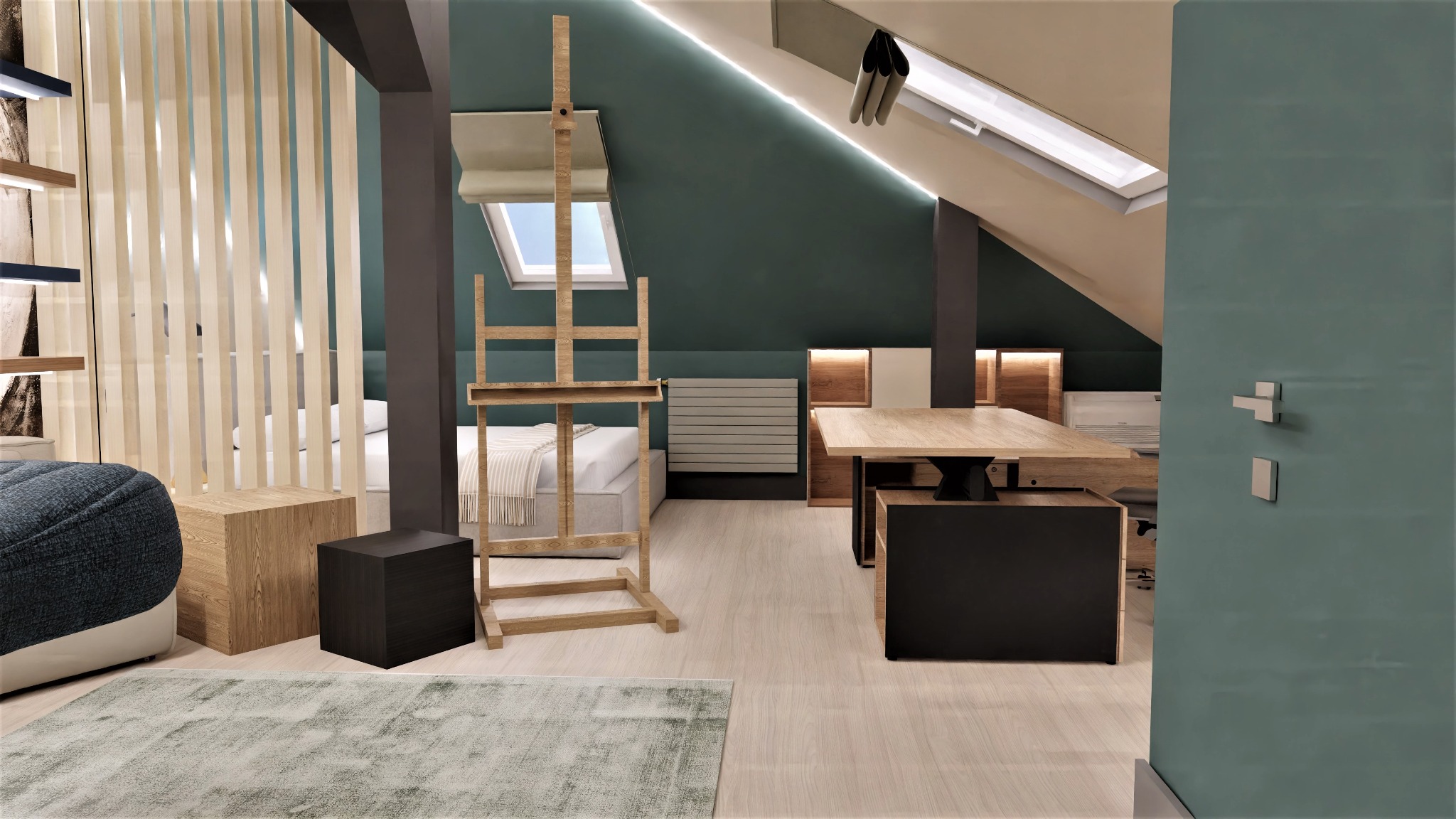 Wnętrze poddasza ze skośnym sufitem, z biurkiem, łóżkiem za parawanem z drewnianych listew i sztalugą, oświetlone światłem dziennym z okna dachowego i taśmą LED.