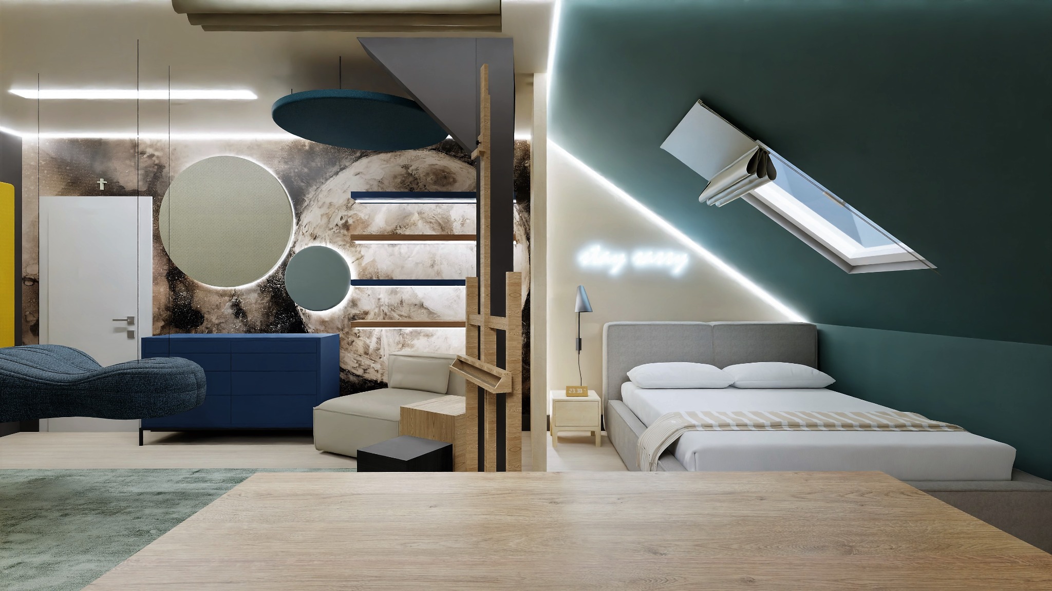 Nowoczesne wnętrze z podziałem na strefy: sypialnia z oknem dachowym i neonem 'stay away', część wypoczynkowa z okrągłymi panelami akustycznymi i niebieską komodą, drewniana konstrukcja regałowa.