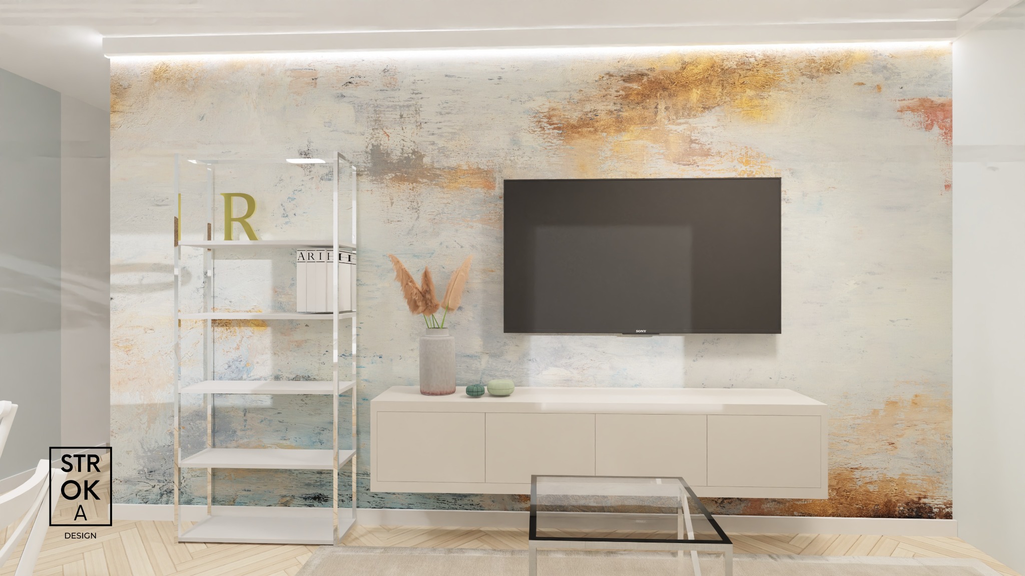 Salon z abstrakcyjną tapetą, wiszącą szafką RTV, telewizorem i metalowym regałem z dekoracjami.