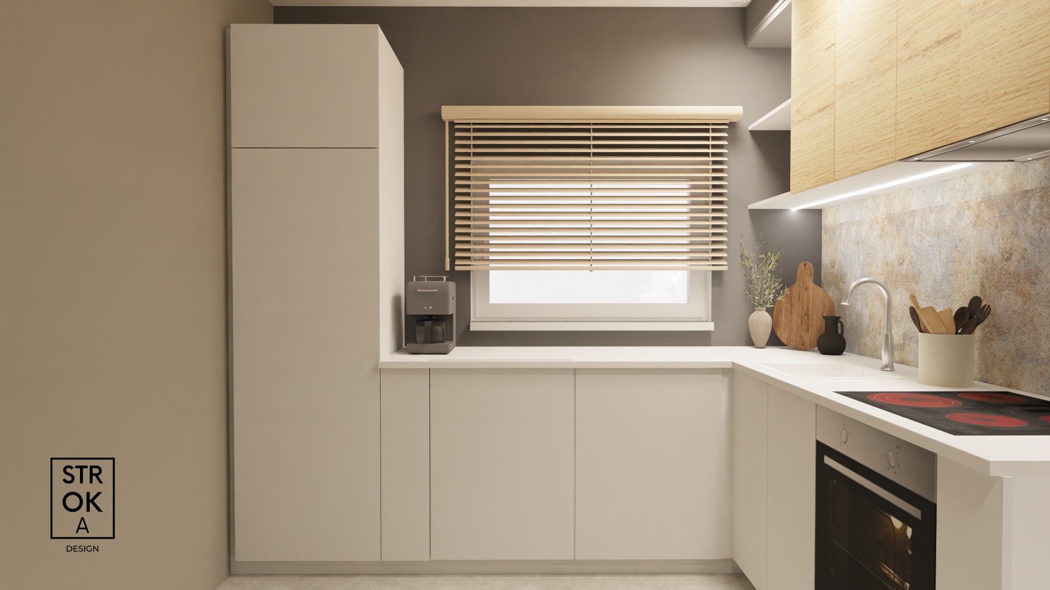 Wizualizacja minimalistycznej kuchni w odcieniach beżu i szarości z drewnianymi akcentami, żaluzjami i ekspressem do kawy na blacie.