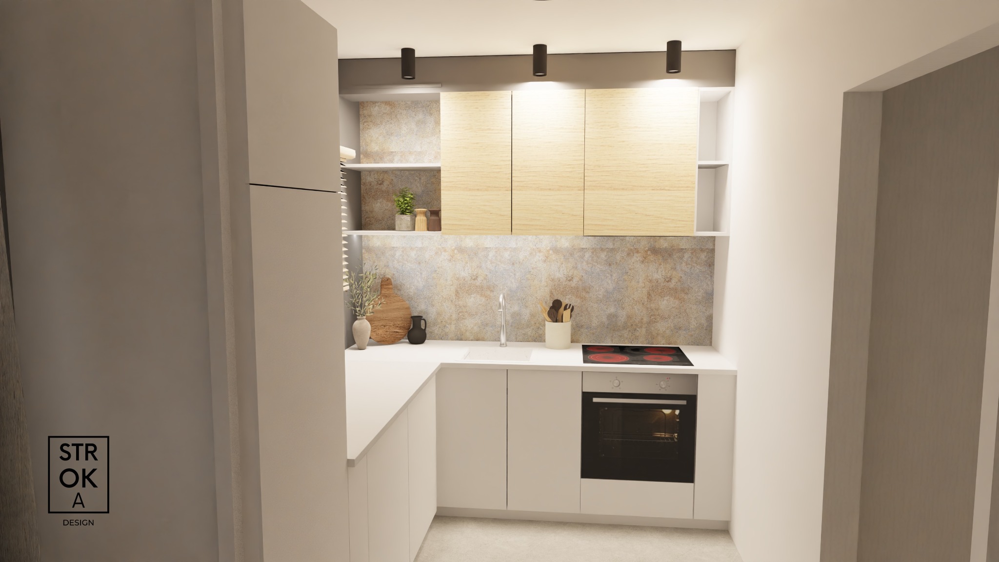 Wizualizacja małej kuchni z białymi szafkami, drewnianymi frontami górnych szafek, blatem w kształcie litery L i mozaiką na ścianie nad blatem.