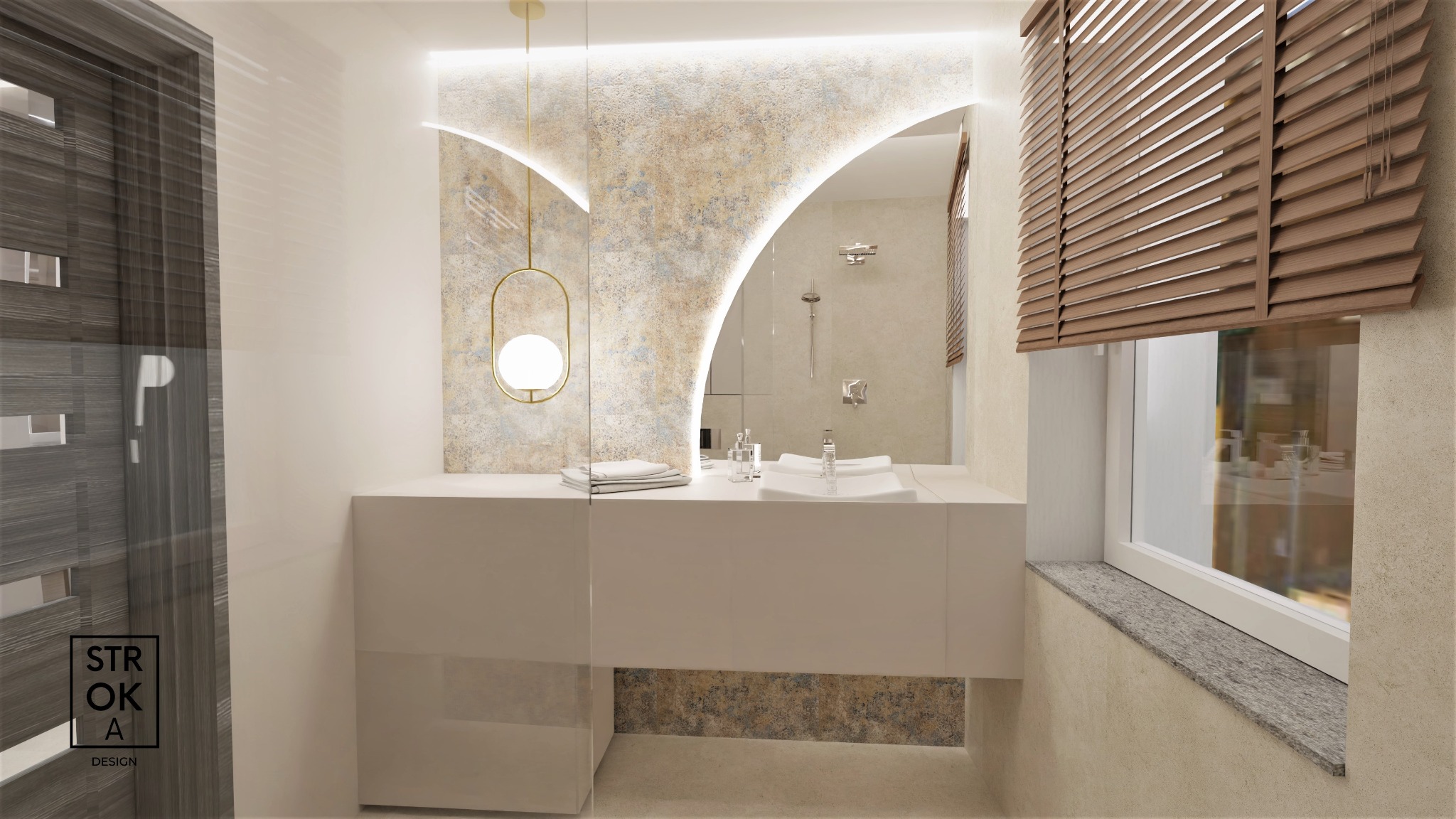 Nowoczesna łazienka z umywalką wpuszczoną w długi, biały blat, podświetlane lustro o zaokrąglonym kształcie i złotą lampą wiszącą, widoczne żaluzje drewniane w oknie.