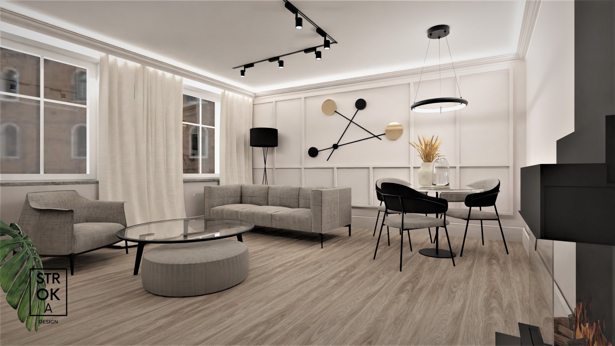 Wizualizacja salonu z szarą sofą, fotelem, okrągłym stolikiem kawowym i stołem z krzesłami w stylu skandynawskim, oświetlonego reflektorami sufitowymi i lampą wiszącą, z dekoracją ścienną...