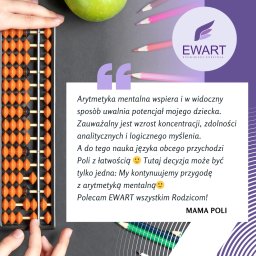 Centrum Edukacji i Turystyki EWART - Abakus z pomarańczowymi koralikami w dłoni, obok jabłko, kredki i grafika z tekstem o arytmetyce mentalnej i logo Ewart.