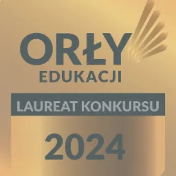 Złota plakietka 'Orły Edukacji' - Laureat Konkursu 2024 z symbolem rozchodzących się promieni.