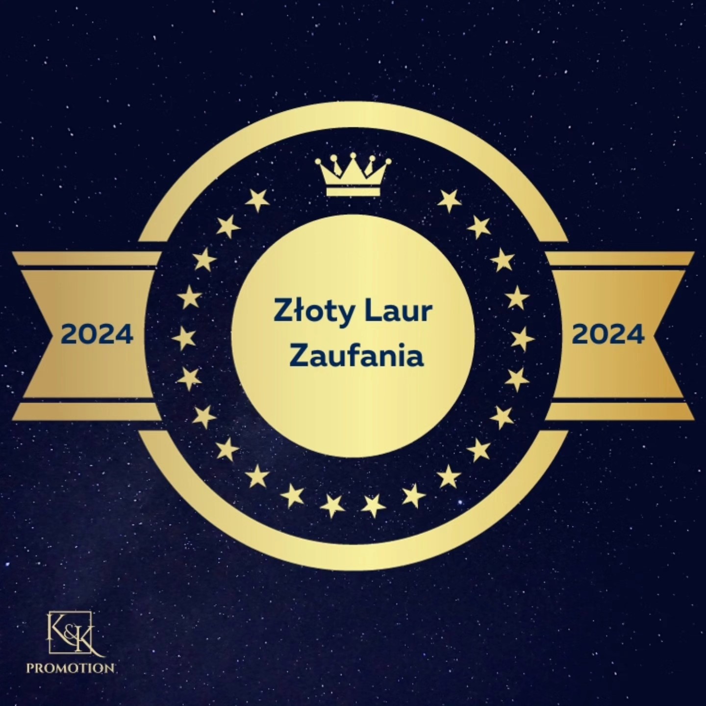 Złoty Laur Zaufania 2024, logo na ciemnogranatowym tle z gwiazdami, stylizowane na kosmos.