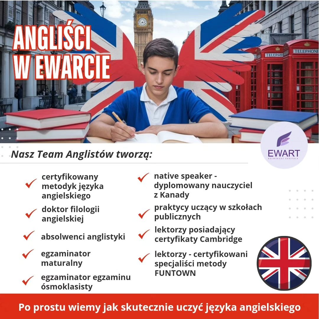 Grafika reklamowa szkoły językowej: młody mężczyzna pisze w zeszycie na tle flagi brytyjskiej, Big Bena i czerwonych budek telefonicznych, poniżej wypunktowane kwalifikacje lektorów oraz logo...