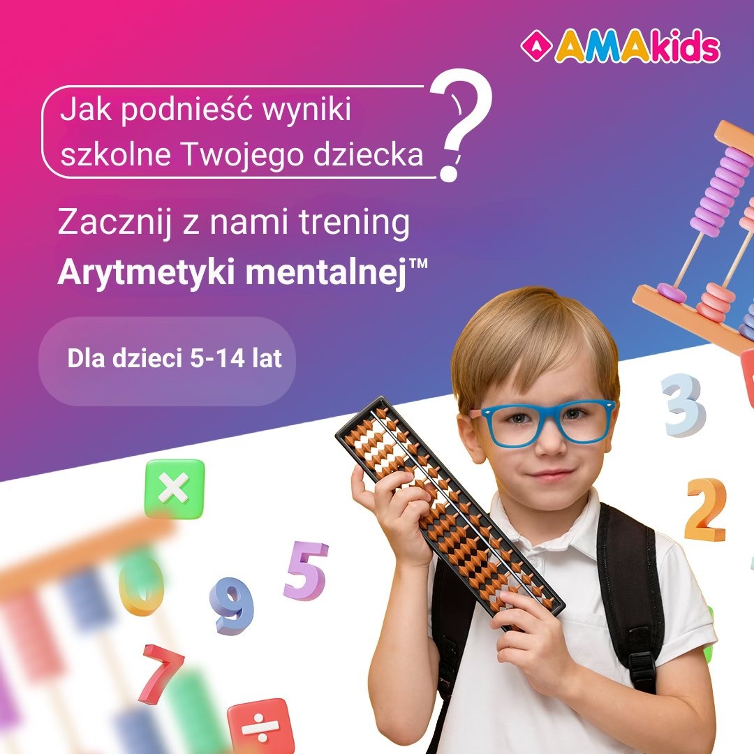 Uśmiechnięty chłopiec w okularach z plecakiem trzymający liczydło, na tle kolorowych cyfr i logo AMAkids, promujący trening arytmetyki mentalnej w Wadowicach.