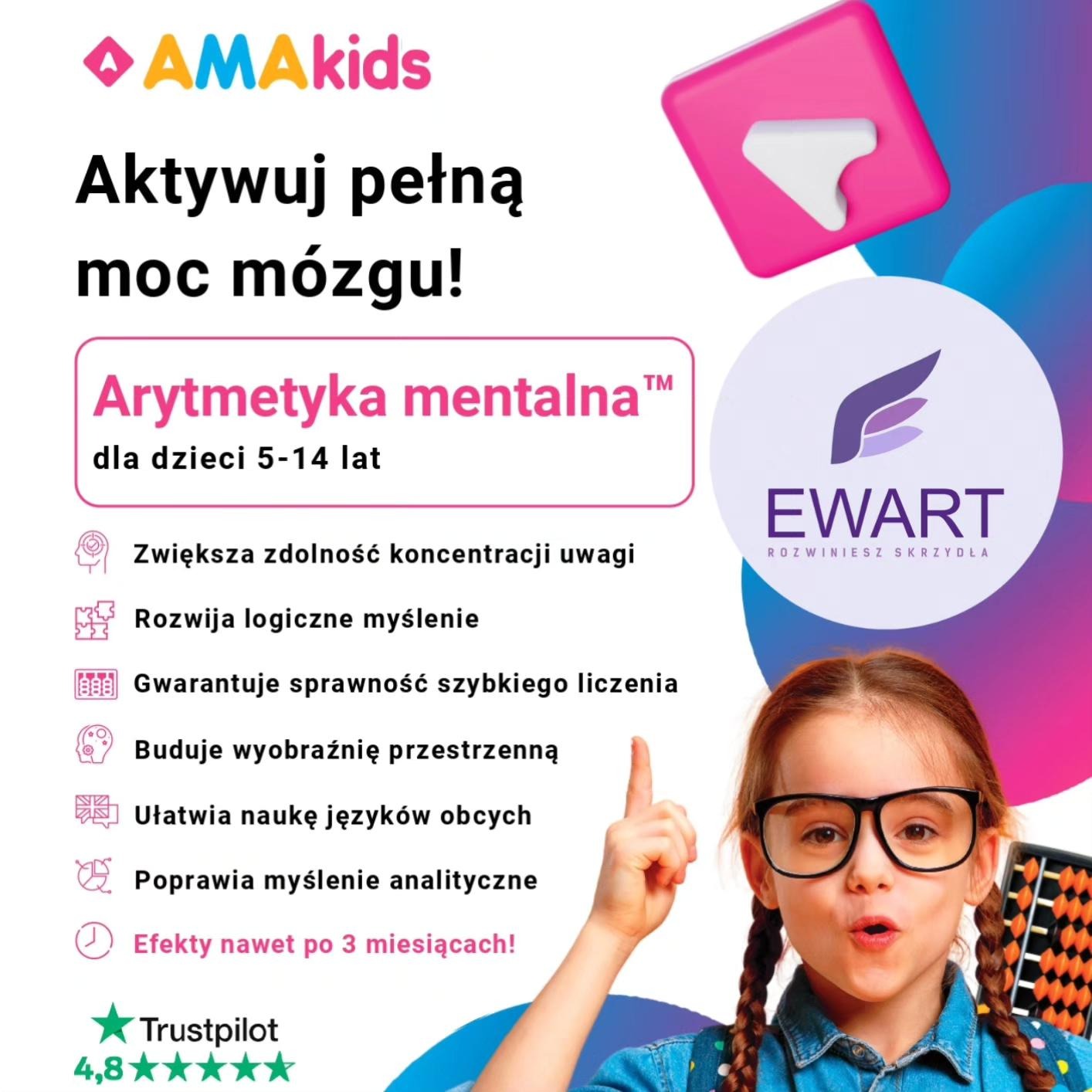 Reklama kursu arytmetyki mentalnej dla dzieci z dziewczynką w okularach wskazującą palcem do góry i liczydłem.