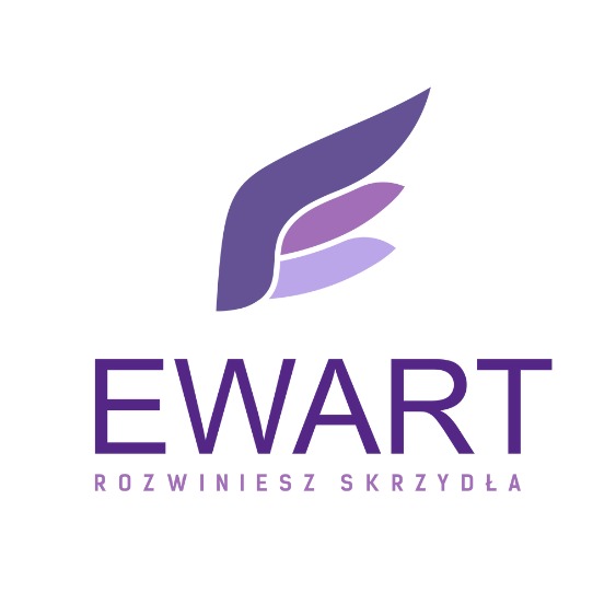 Fioletowe logo firmy Ewart z motywem skrzydła i hasłem 'Rozwiniesz skrzydła'.