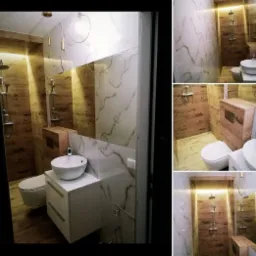 Nowoczesna łazienka z umywalką nablatową na białej szafce, drewnopodobne płytki na ścianach i podświetleniem LED, uzupełniona wiszącymi lampami z okrągłymi kloszami.