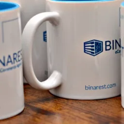 Białe kubki z niebieskim wnętrzem i logo firmy Binarest, prezentujące branding firmy e-commerce.